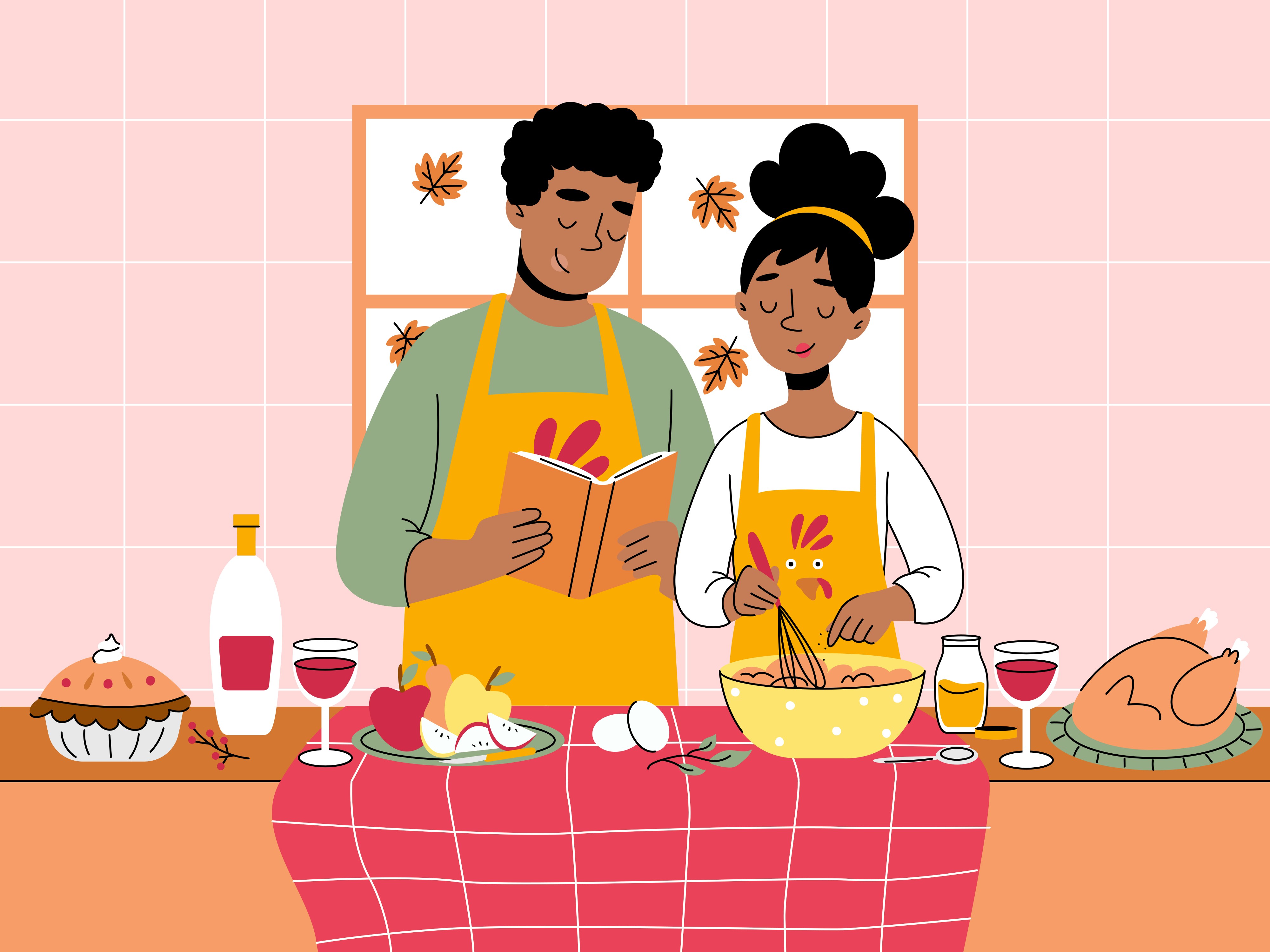 Illustration of a couple cooking together in the kitchen