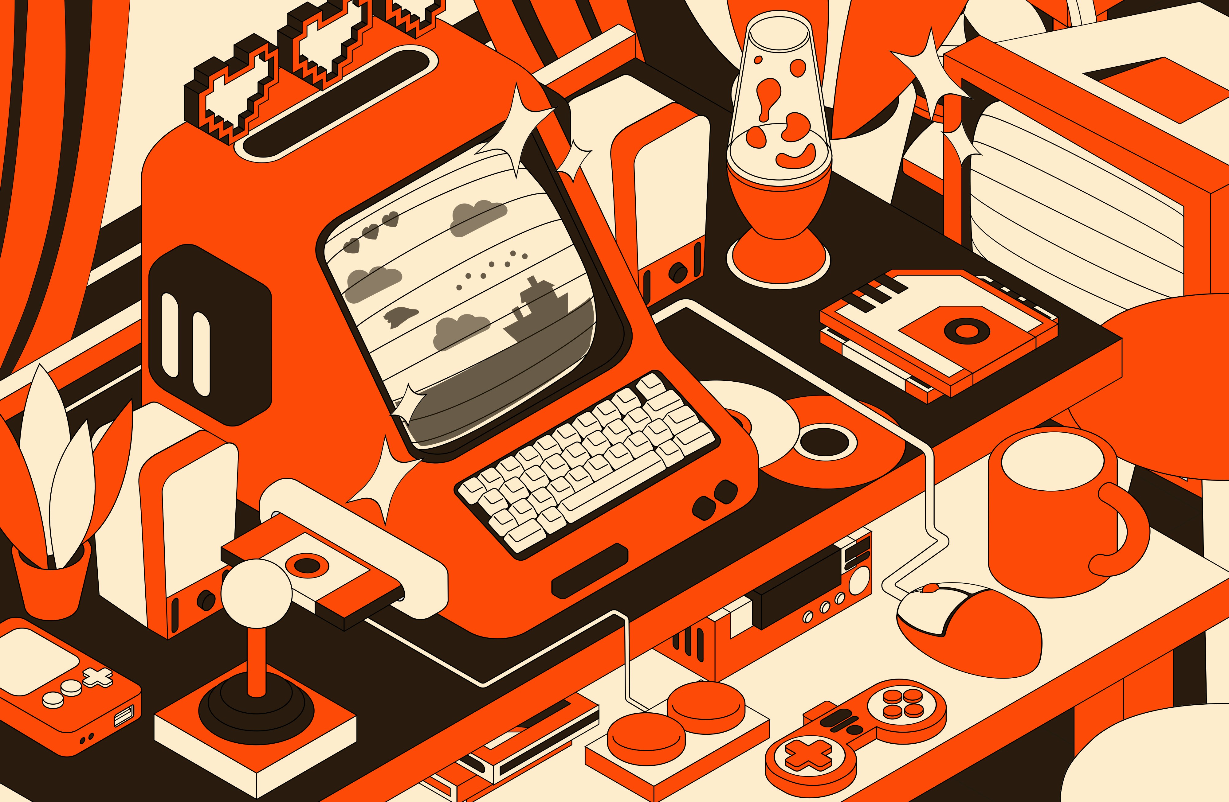 Retro gaming desk illustration with controllers and computer