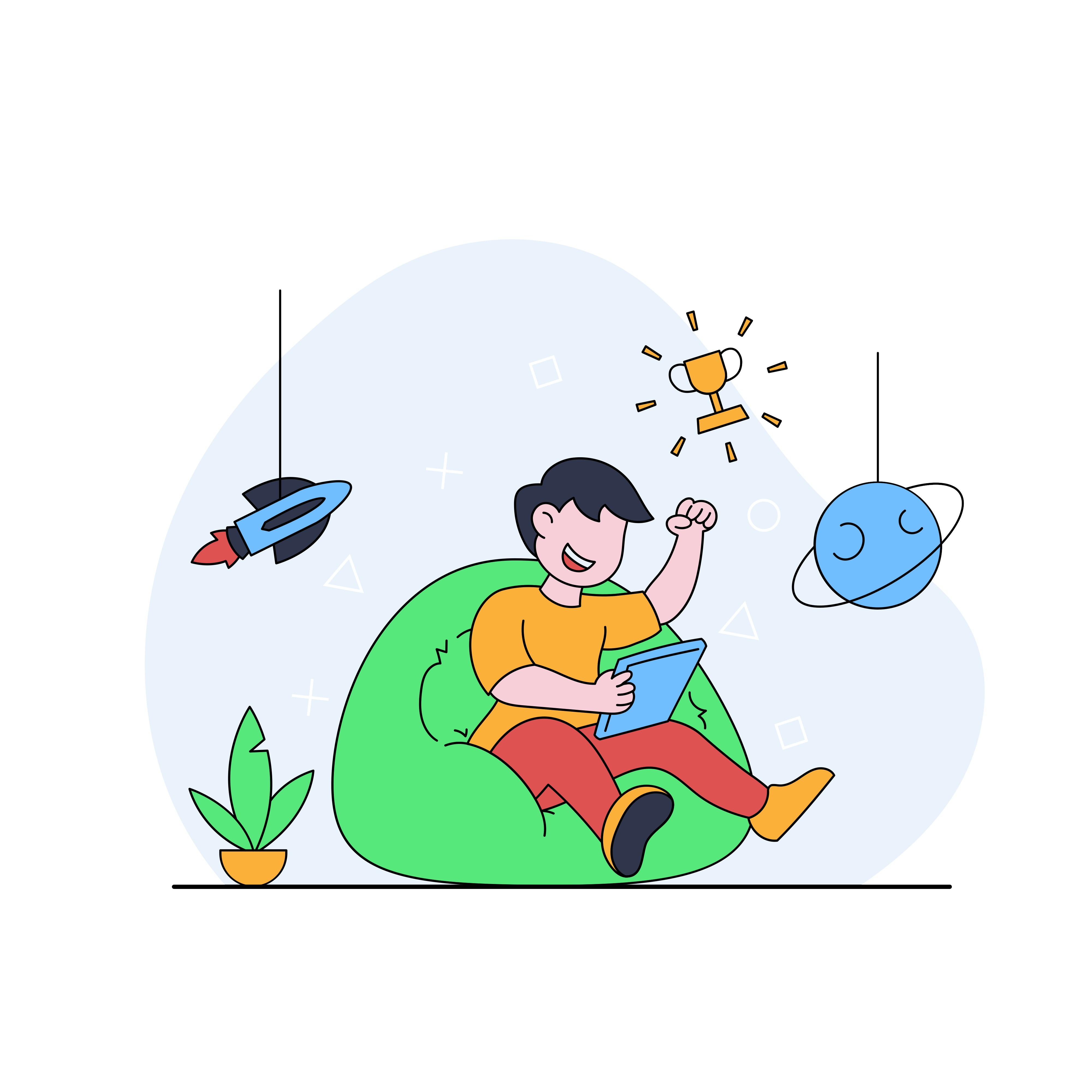 Illustration of a kid celebrating with a tablet and trophy