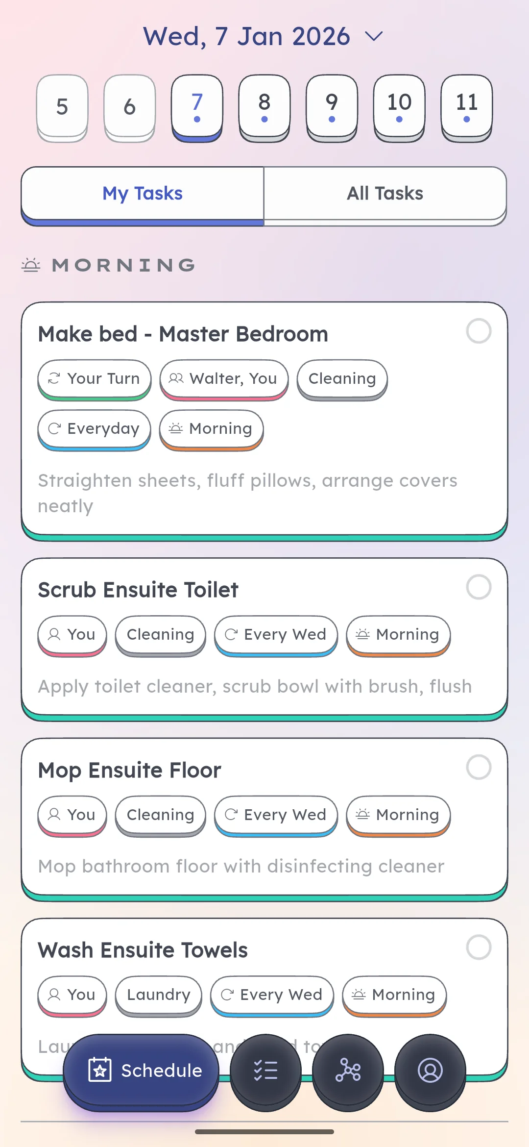 Schedgy home screen showing my tasks